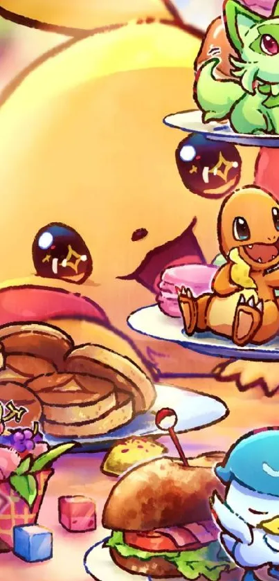 Cartoon characters enjoy a dessert feast in vivid colors.