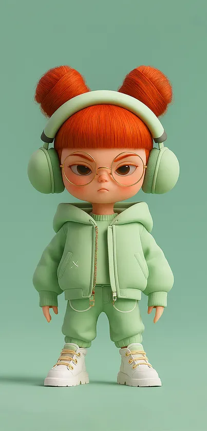 Cute cartoon character with red hair and green outfit.