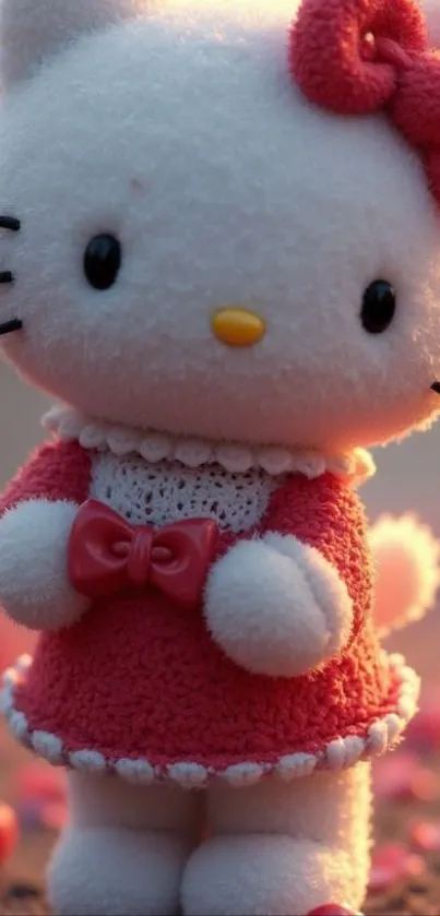 Plush cartoon character wearing a red dress with a pink bow.
