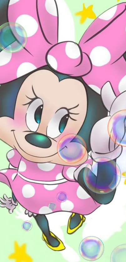 Cute cartoon character in pink polka-dot dress with colorful bubbles and stars.