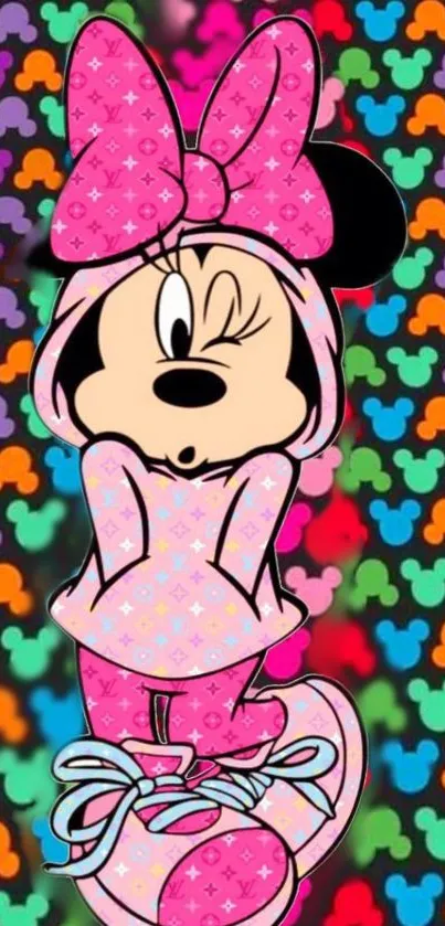 Cute cartoon character in pink attire with colorful background.