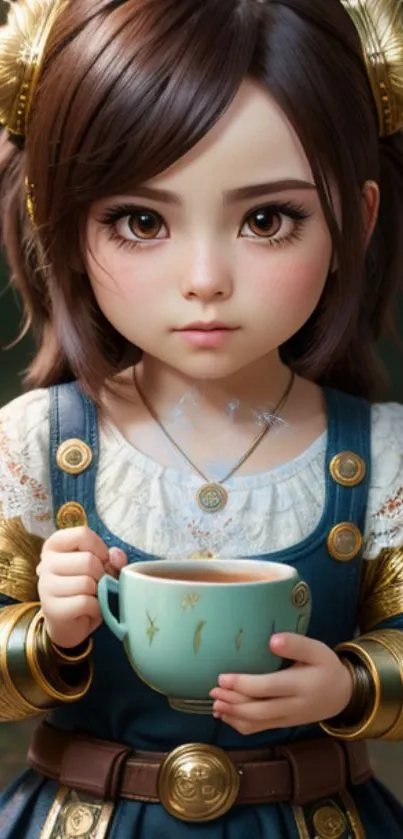 Adorable cartoon girl with a cup, in a medieval blue and gold outfit.