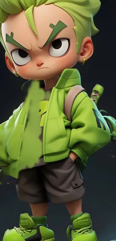 Vibrant cartoon character in green jacket, with a confident stance.