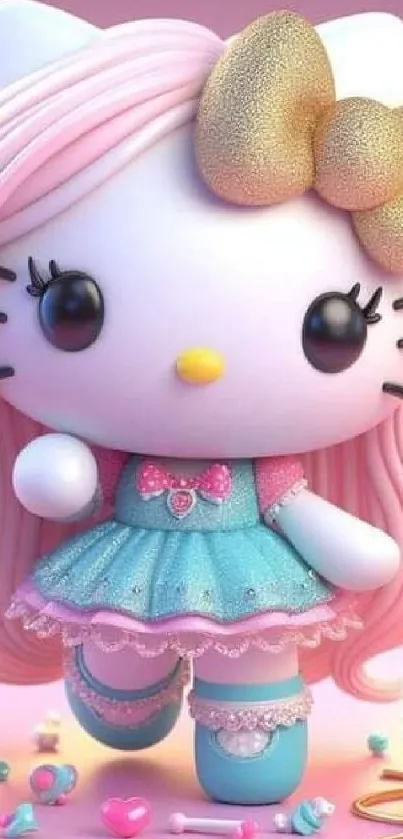 Cartoon cat with pink backdrop and blue dress wallpaper.