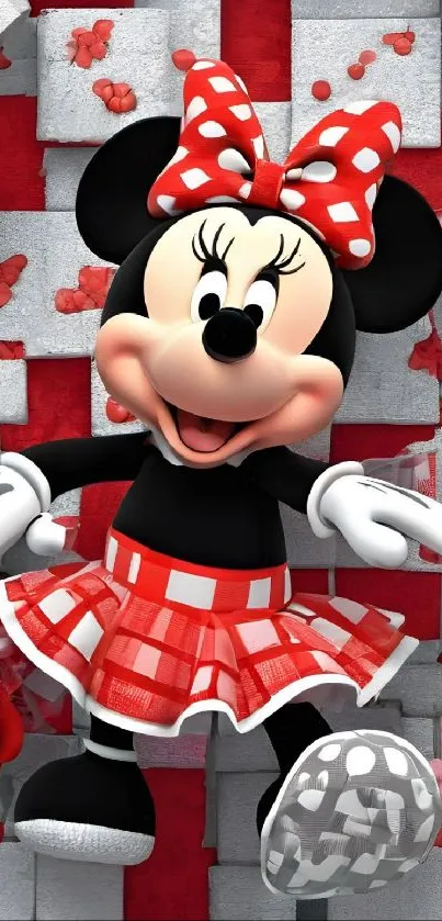 Minnie Mouse with red polka-dot bow and skirt on a playful background.