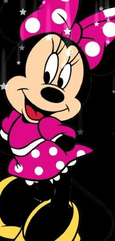 Cute cartoon character with pink polka-dot dress on a phone wallpaper.