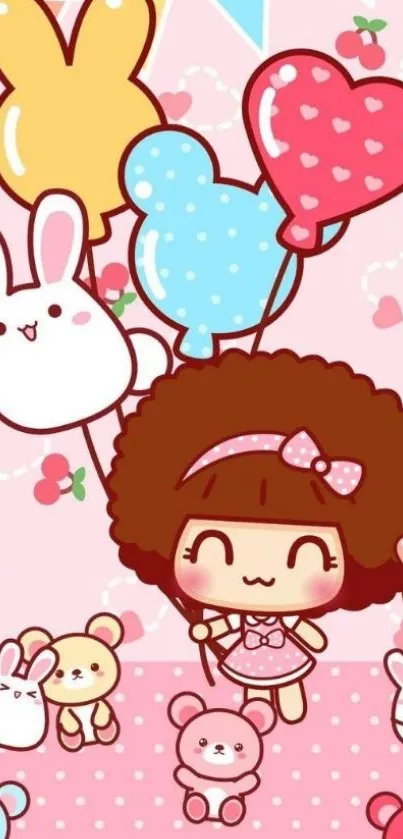 Cute cartoon girl with balloons and bunnies on pink background.