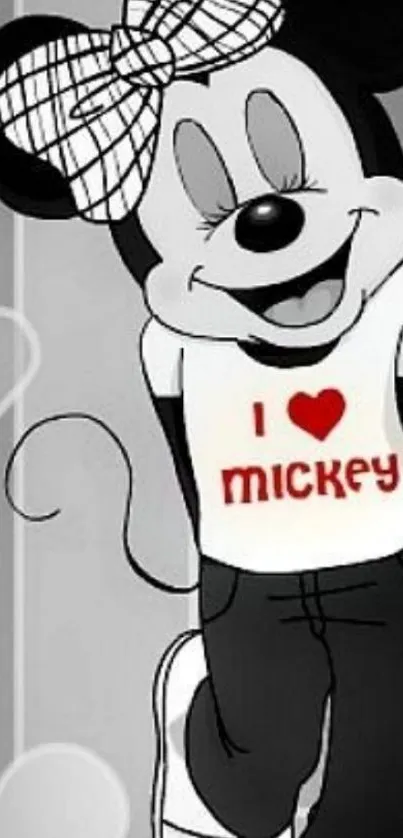 Cute cartoon character with heart-themed shirt in black and white design.