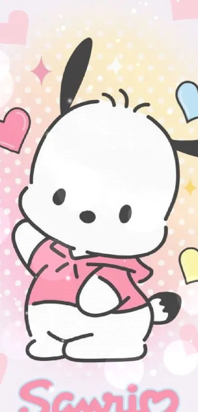 Cute cartoon character with pastel hearts on mobile wallpaper.