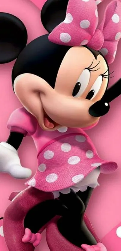 Cute cartoon character in pink dress with polka dots on a vibrant backdrop.