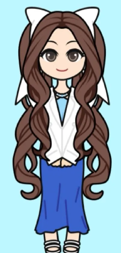 Cute cartoon character with brown hair on light blue background.