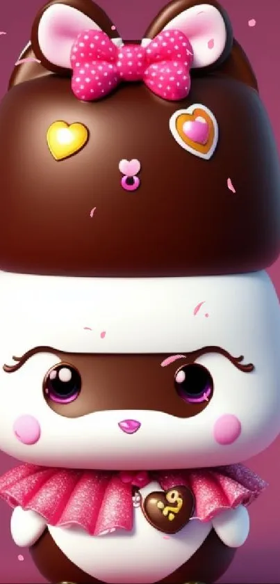 Cute cartoon character with pink background and heart accessories.