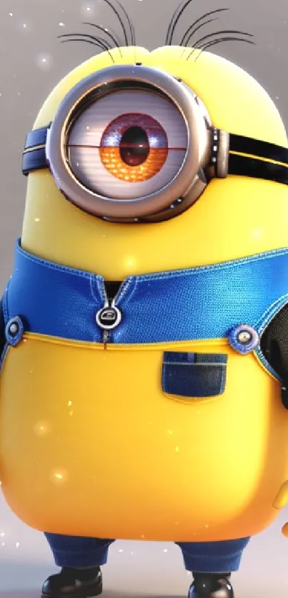 Cute cartoon character in yellow overalls on phone wallpaper.