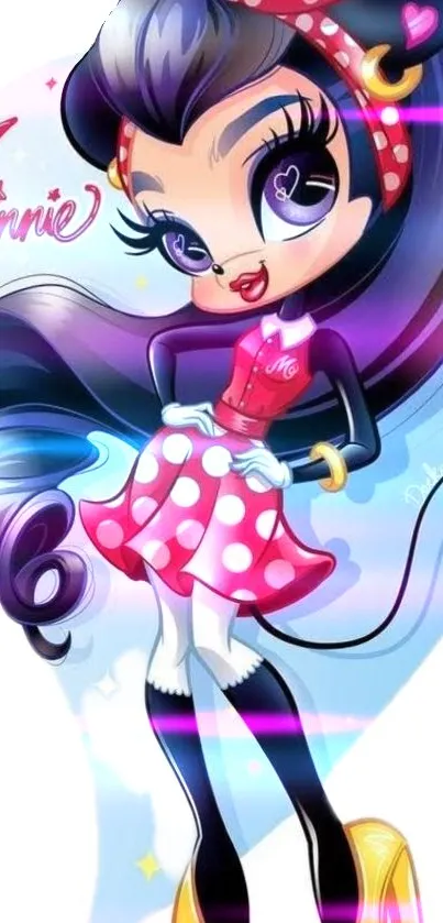 Vibrant cartoon girl with polka-dot dress and colorful style.