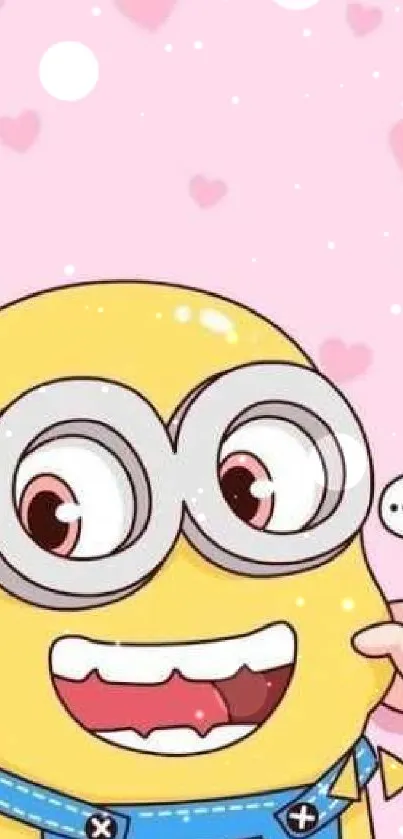 Playful cartoon character with glasses and pink hearts.