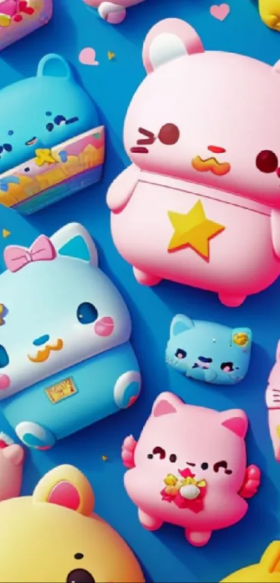 Adorable cartoon characters on a vibrant blue background with colorful accents.