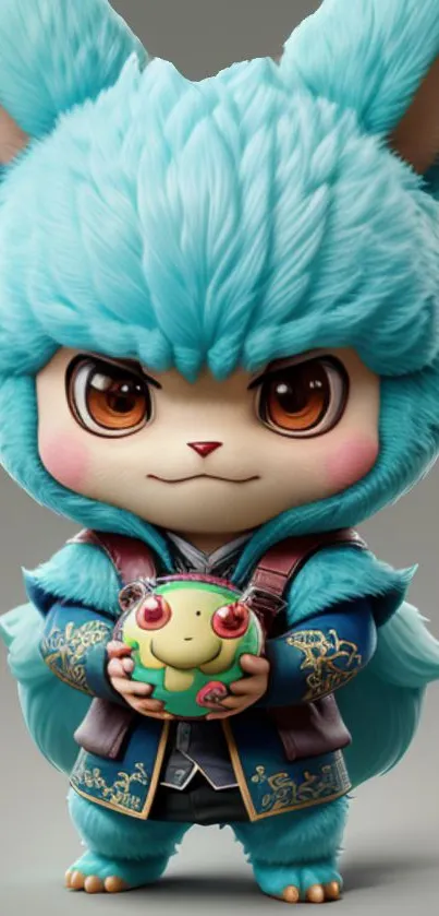 Adorable cartoon character with teal fur holding a small toy.