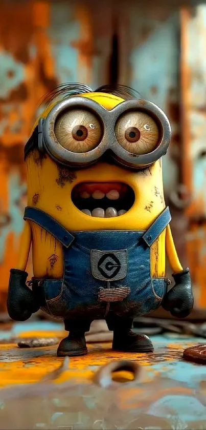 Cartoon Minion in overalls on a colorful background.