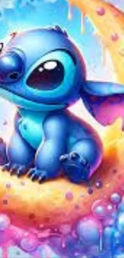 Cute cartoon creature on crescent moon wallpaper.