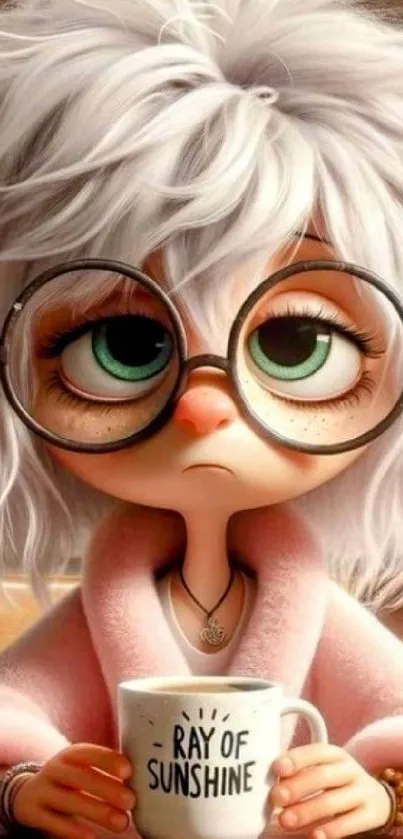 Cute cartoon character with coffee mug in kitchen.