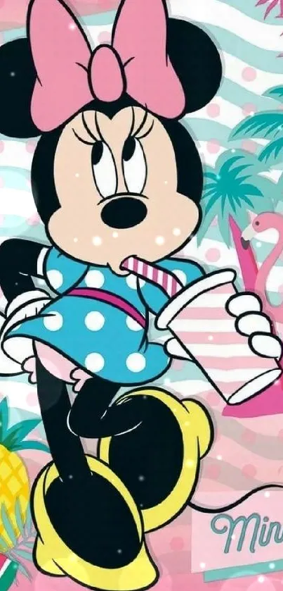 Minnie Mouse on a tropical pink background featuring flamingos and fruits.