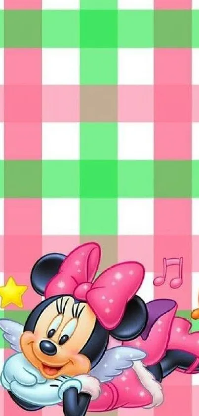 Cute pink cartoon character with checkered background.