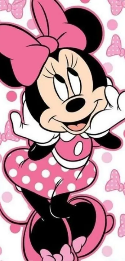 Cartoon character in pink polka dot dress and bow, perfect for phone wallpaper.