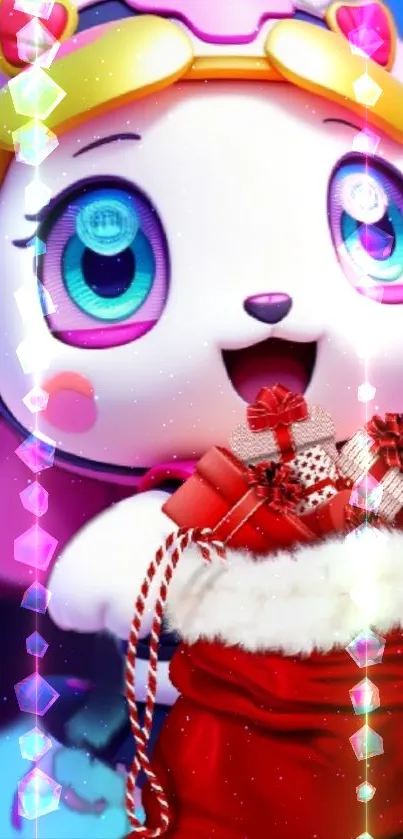 Adorable cartoon character with large eyes, holding a red gift sack.