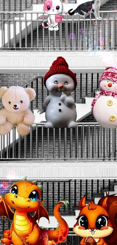 Cute animated characters including snowmen, teddy bear, dragon, and squirrel.