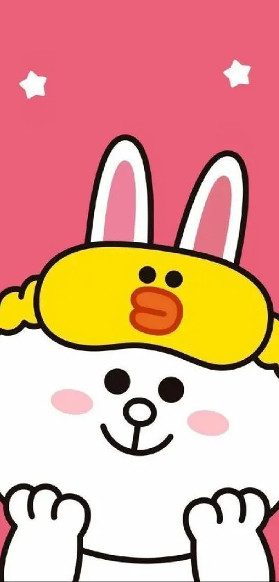 Cartoon bunny with duck cap on pink background.