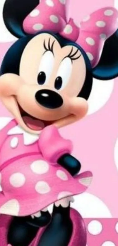 Cute cartoon character with pink outfit and polka dot backdrop.