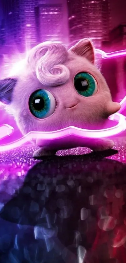 Cute cartoon character with neon lights background.