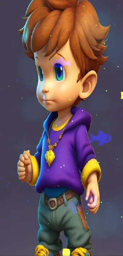 Adorable cartoon character on a vibrant, colorful mobile wallpaper with a purple background.