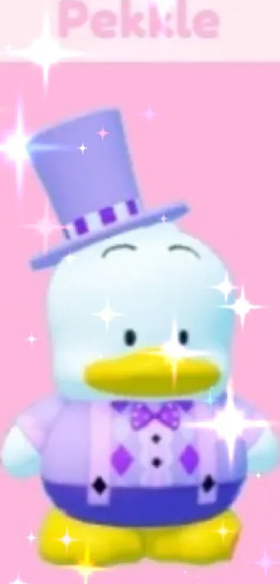 Cute cartoon character in purple outfit on pink background.
