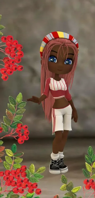 Cute cartoon character with red berries and green leaves.