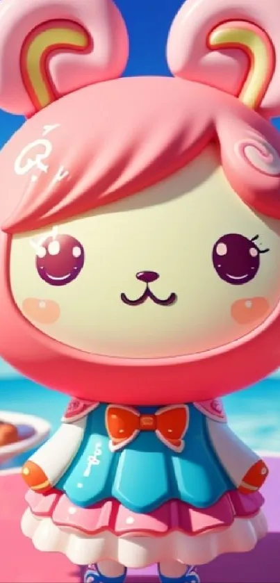 Cute pink cartoon character with vibrant colors by the beach.