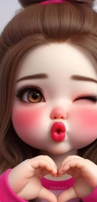 Cute cartoon character with heart gesture.