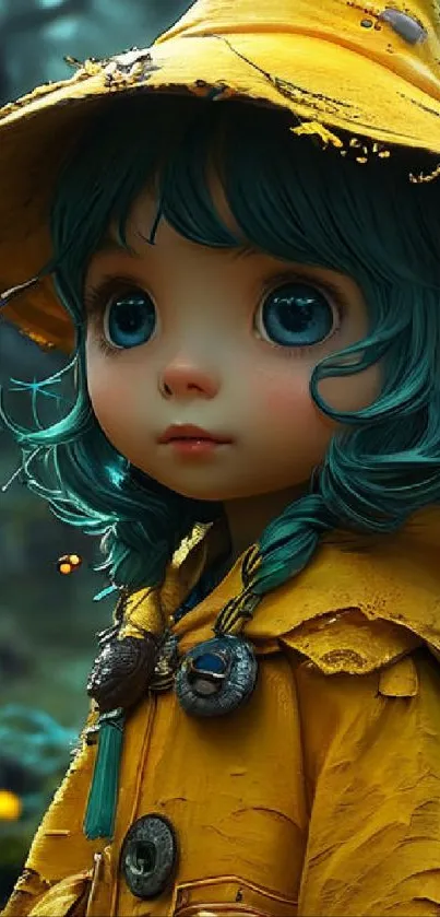 Cute cartoon character in yellow hat with blue eyes in a forest.
