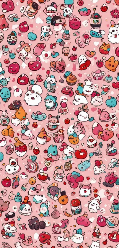 Adorable cartoon figures on pink wallpaper background.