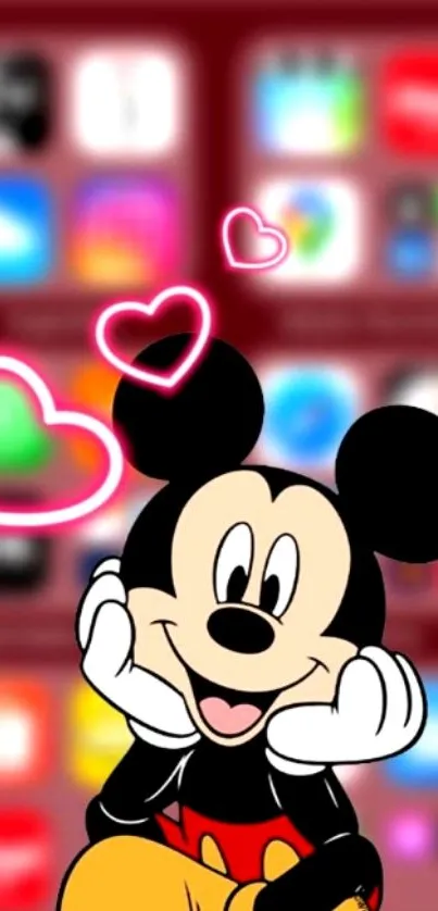 Cartoon character with hearts on colorful background.