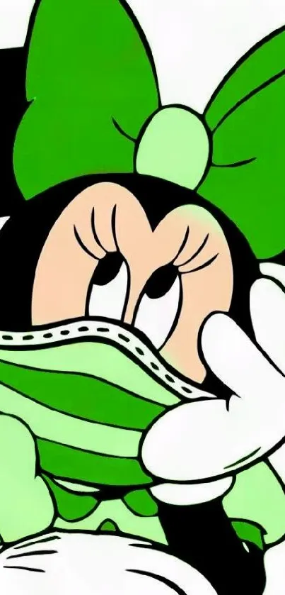 Cute cartoon wallpaper featuring a masked Minnie Mouse with a green theme.