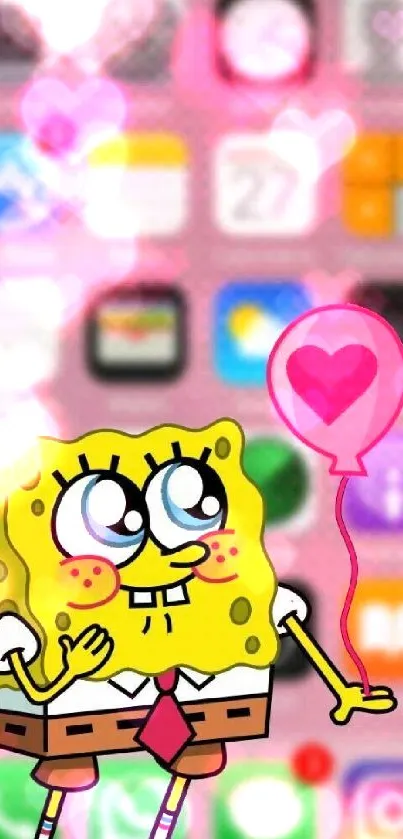 Charming sponge cartoon with heart balloon on mobile wallpaper.