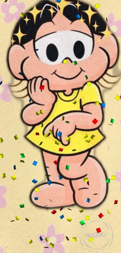 Cute cartoon character with confetti and pastel flowers.