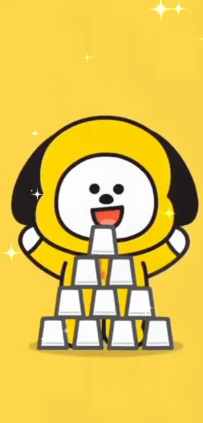 Cute cartoon character in yellow with a stack of cups and sparkling stars.