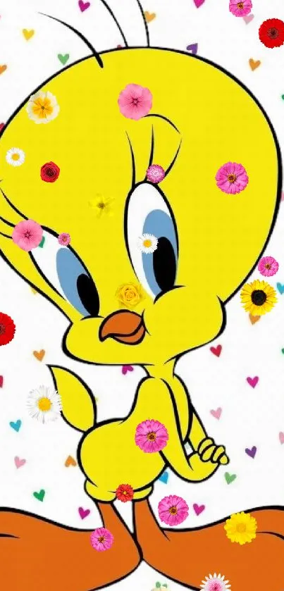 Cute yellow cartoon character with colorful hearts on mobile wallpaper.