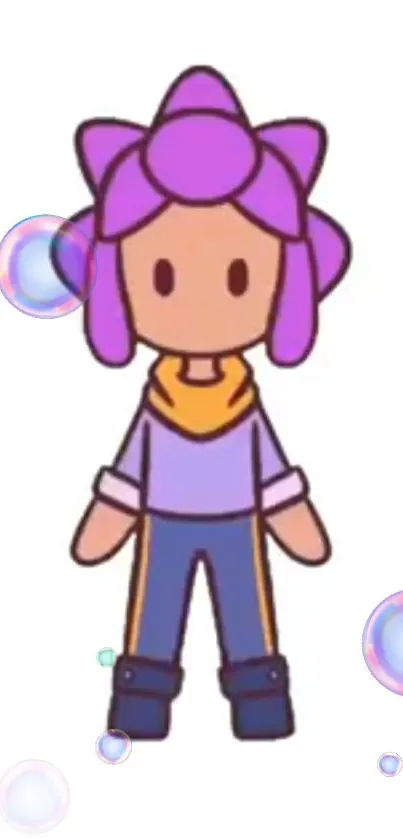 Cute cartoon character with lilac hair and colorful bubbles on a white background.