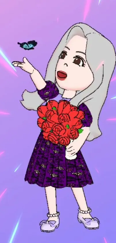 Cartoon girl with flowers on purple background.