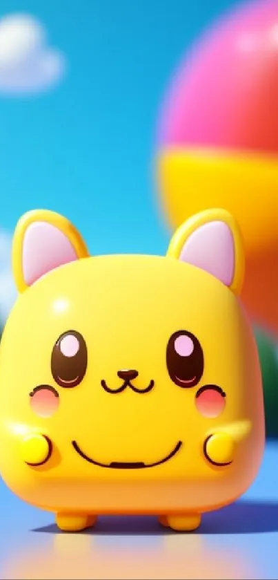 Cute yellow cartoon character with ears and paws on a blue background.