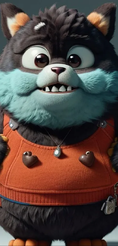 Adorable cartoon character with teal fur and orange outfit.