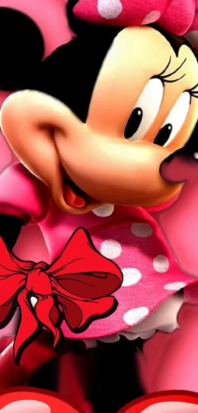 Cheerful cartoon mouse in pink polka dot dress with a red bow.